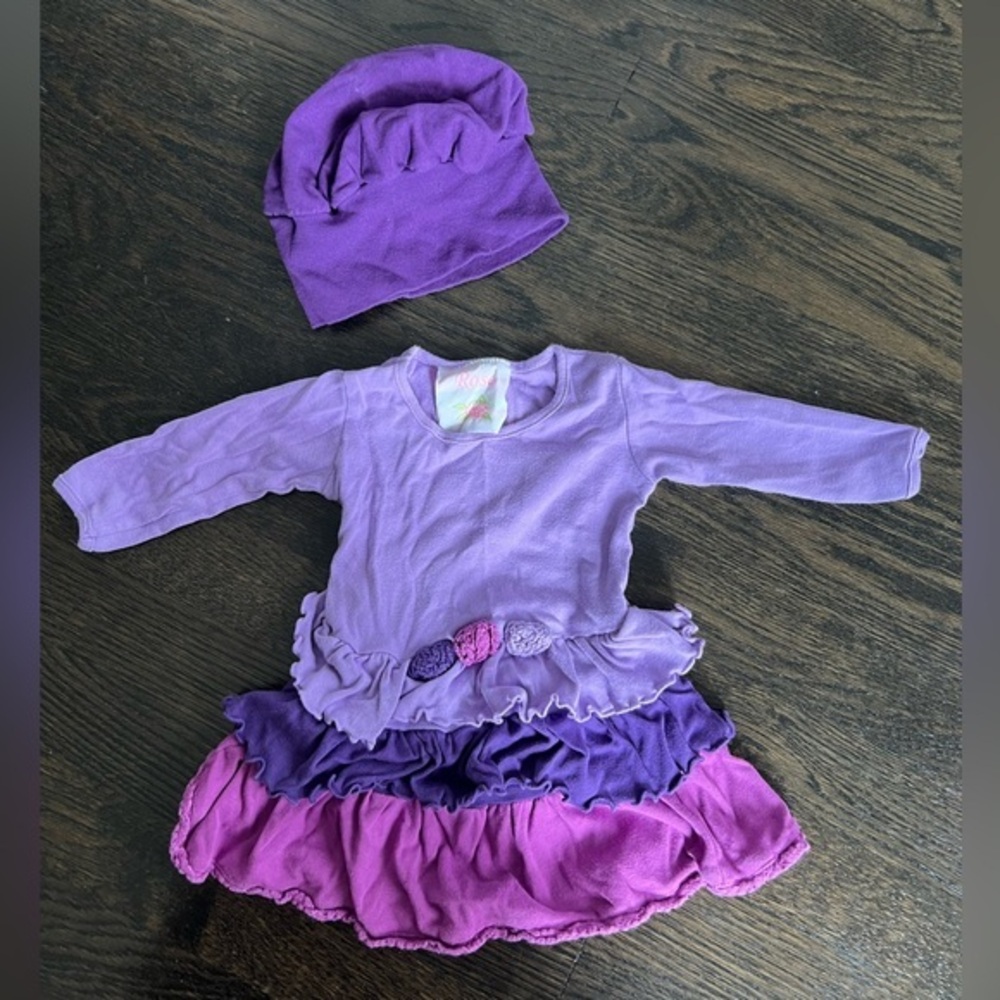 Baby Girl Ombré Purple Tiered Ruffled Dress with Purple bonnet/hat — 6-9 months